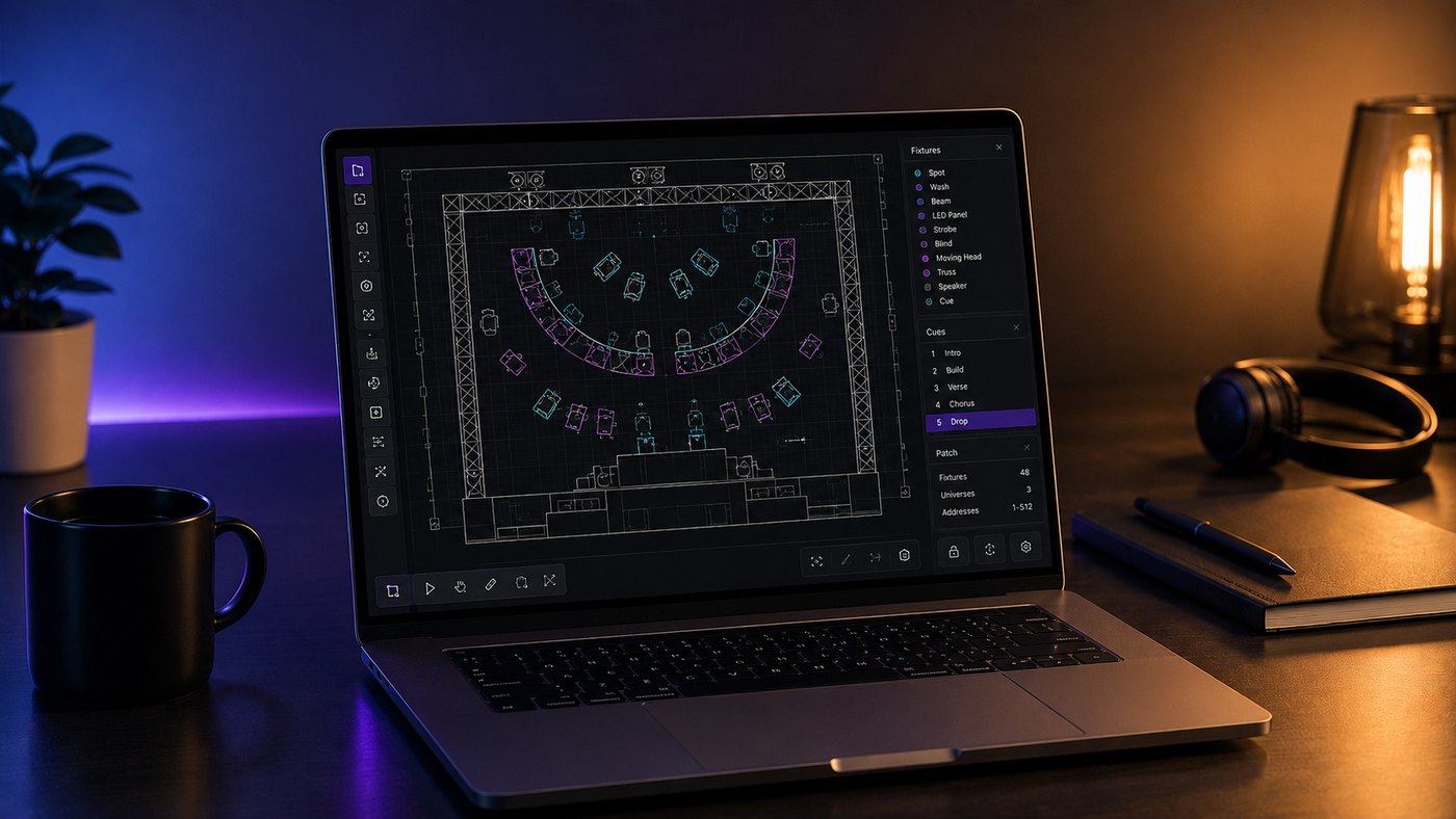 Laptop showing lighting programming tools and a rig plan
